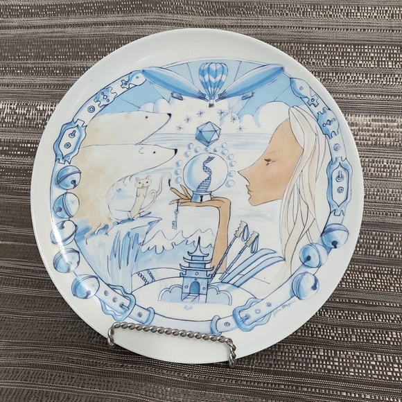 Mystical Decorative Dinner Plate Blue Pencil Drawing Look Fairy Bear Sphere - Picture 1 of 7